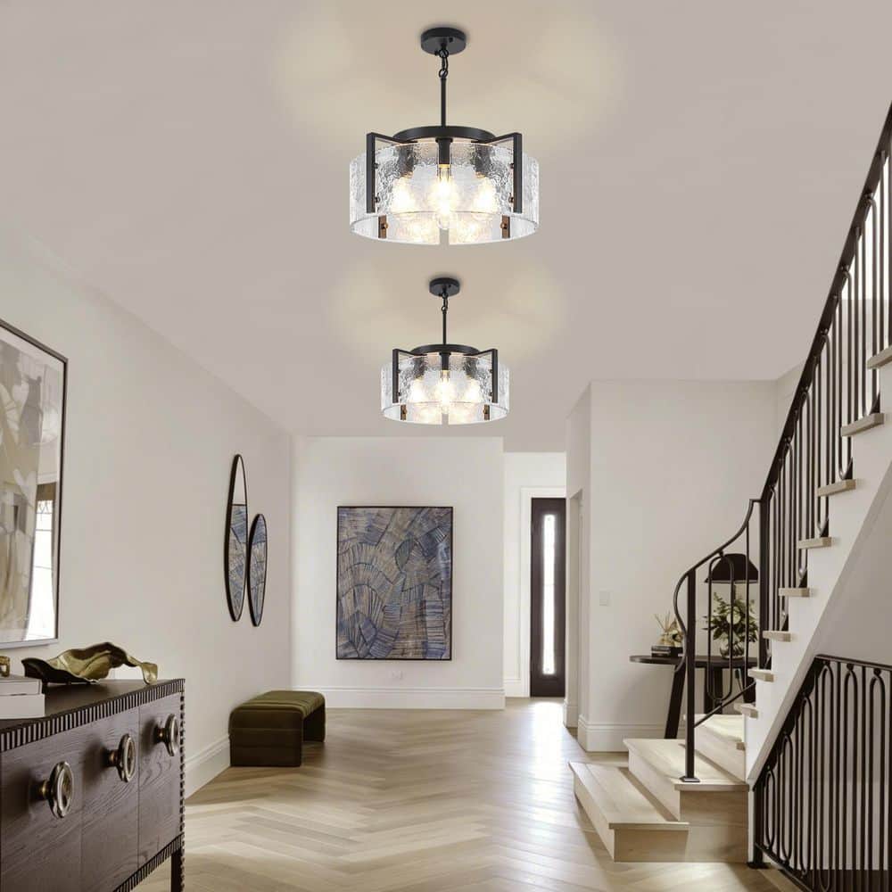 4-Light Matte Black Modern Drum Pendant Light, Water Ripple Glass Shade Hanging Light for Kitchen Island Dining Room price history on PriceWatchPro