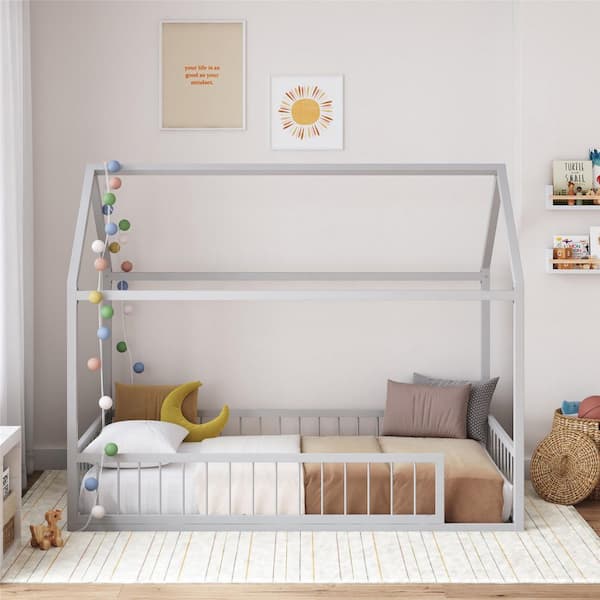 Little Seeds Skyler Metal House Bed with Rail, Twin, Dove Gray