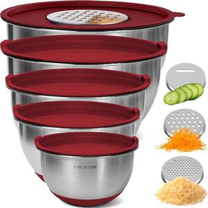 Precise 5-Piece Stainless Steel Red Mixing Bowl Set with Airtight Lid