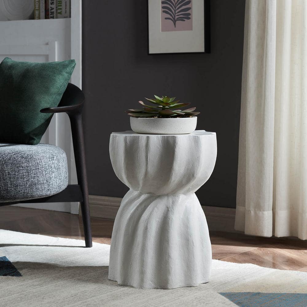 Fluted Swirl 13.5 in. x 18.5 in. White Round Stone Outdoor Accent Table ...