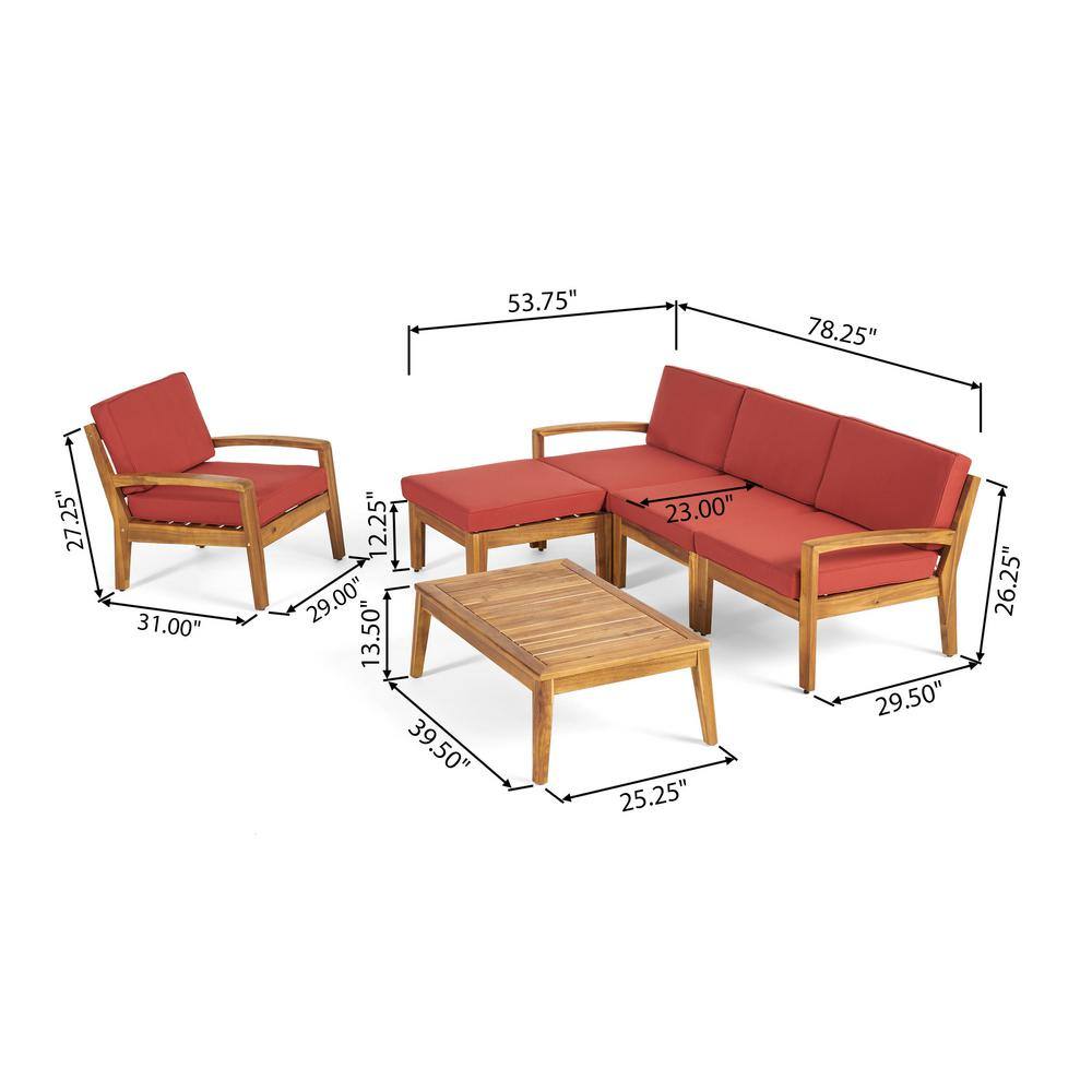 Teak Brown 6-Piece Outdoor Sectional Sofa Set with Red Cushions