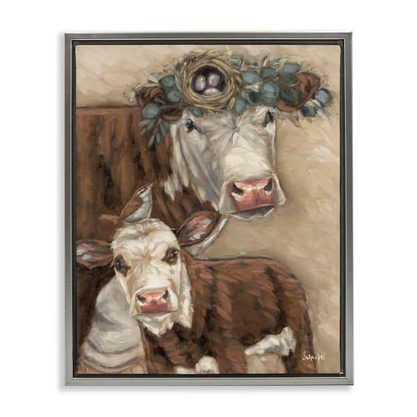 Stupell Industries Cow and Calf with Bird Nest by Sara G. Designs Gray Floater Frame Animal Graphic Art Print 21 in. x 17 in.