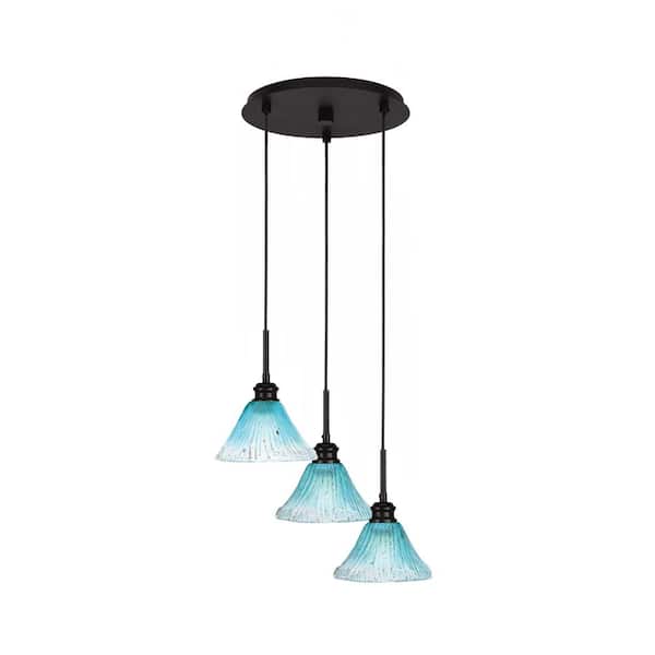 Unbranded Albany 60-Watt 14 in. 3-Light Espresso Cord Pendant Light Teal Crystal Glass Shade