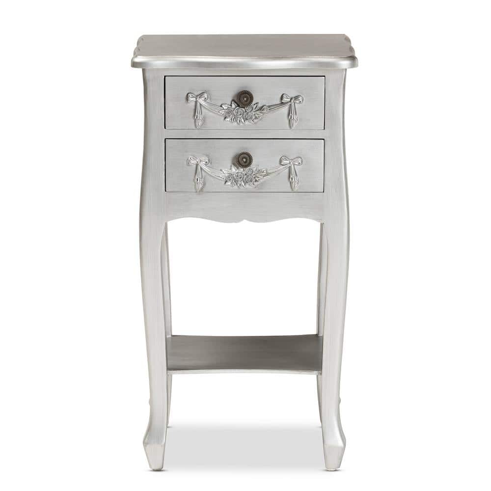 Eliya Silver Brushed Wood 2-Drawer Accent Table with Carved Details