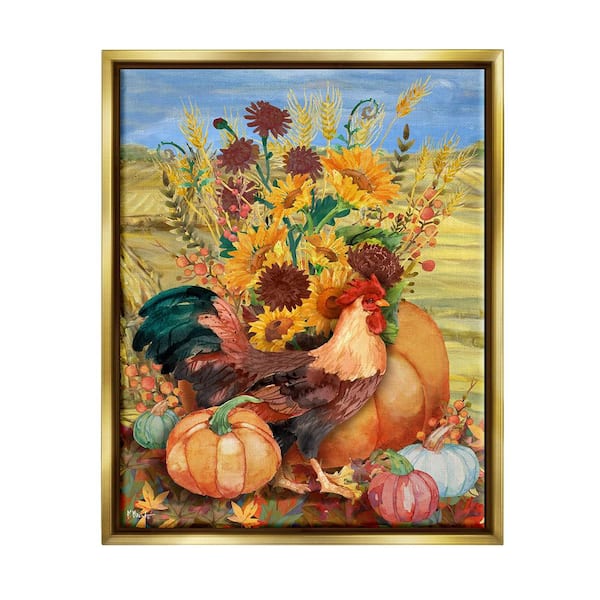 Stupell Industries Autumnal Rooster and Sunflowers Paul Brent 1-Piece Floater Frame Graphic Print Animal Poster Art Print 31 in. x 25 in.