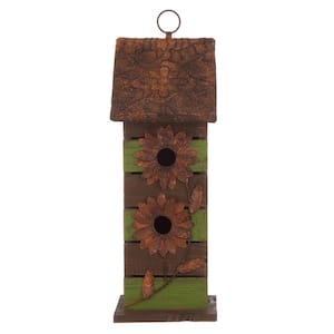 14.5 in. H Hanging 2-Tiered Distressed Solid Wood Birdhouse With Flowers