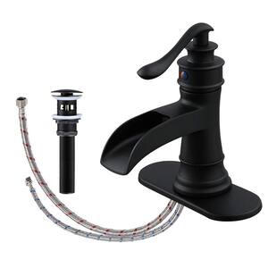Waterfall Single Hole Single-Handle Low-Arc Bathroom Faucet With Pop-up Drain Assembly in Matte Black