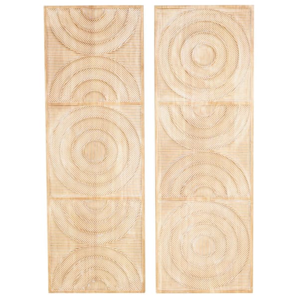 Litton Lane Wood Light Brown Carved Panel Arch Geometric Wall Art with White Linear Markings (Set of 2)