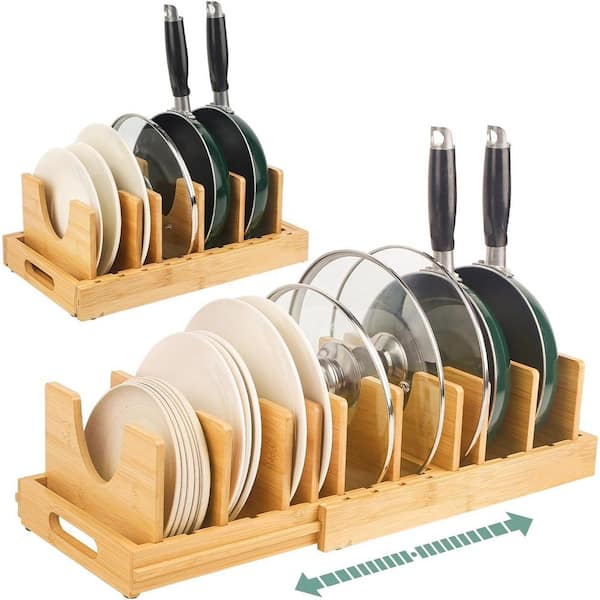 Natural Bamboo Adjustable Pot Lid Organizer Expandable Kitchen Storage Rack for Lids Bakeware Cutting Boards