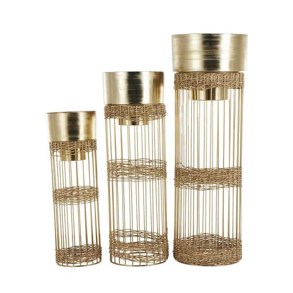 Litton Lane 36 in. 29 in. and 24 in. Gold Metal Textured Dome Planter with Seagrass and Caged Pedestal Base (3-Pack)