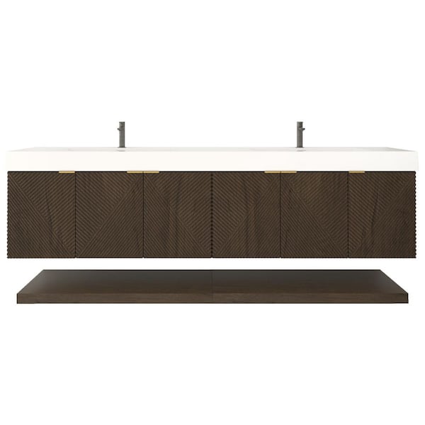 Stella 84 in. W x 20 in. D x 22 in. H Double Sink Chestnut Brown Bath Vanity with White Acrylic Top Floating Lower Shelf