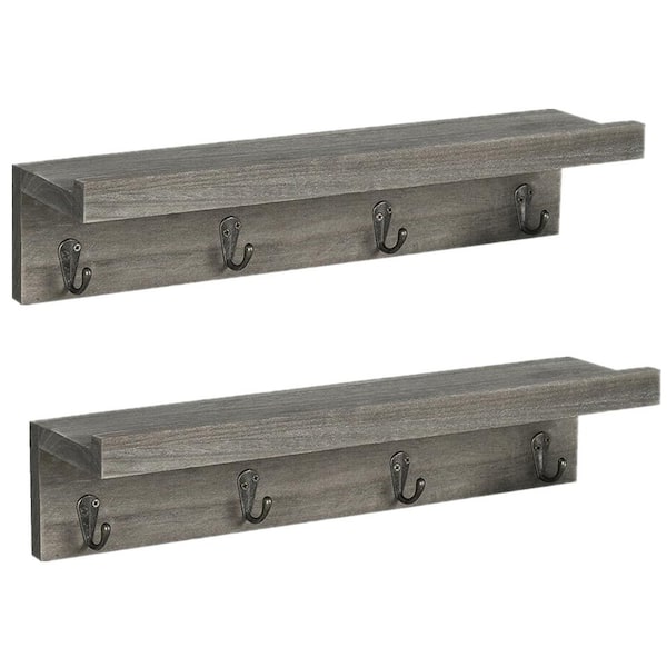 Oumilen Rustic Green Wood Coat Rack Wall Mount Shelf with 4-Dual Hooks Hooks (Set of 2)