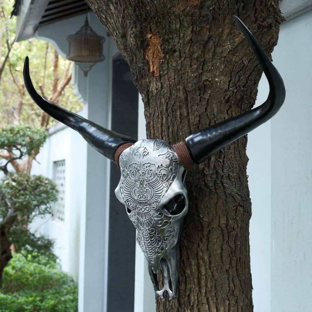 25 in. x 24 in. Silver Metal Work Faux Bull Skull Wall Handing