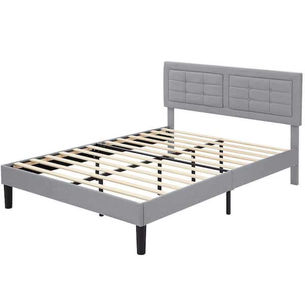 Upholstered Bed Light Gray Wood and Metal Frame Queen Platform Bed with Adjustable Headboard Bed Frame