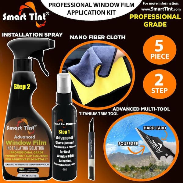 Window Film Install Kit with Glass Prep, Install Solution, Nano-Fiber Cloth, Titanium Trim Tool, Squeegee Tool (5-Piece)