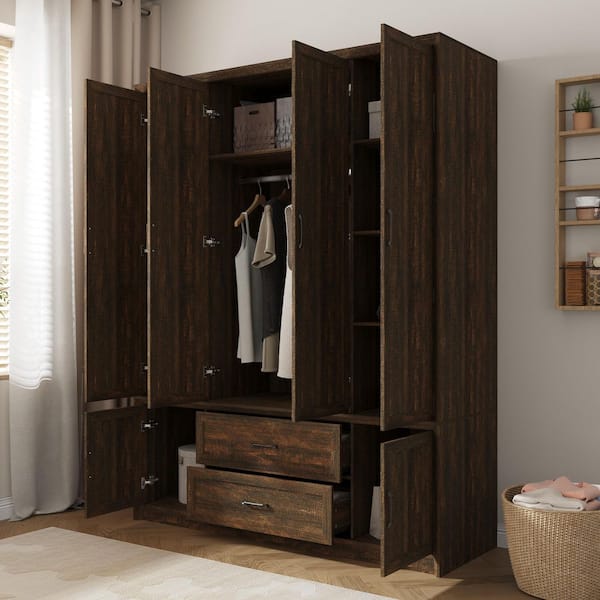 Walnut Finish Wood 61.8 in. Armoire with 6-Door 2-Drawers Storage Shelves and Anti-Tip Design