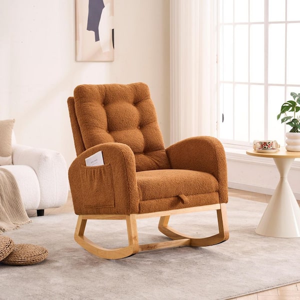 Caramel Teddy Accent Arm Chair Plush Rocking Chair with Footrest High-Back Glider Chair Rubber Wood Lounge Chair