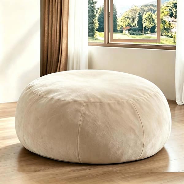 5 ft. Beige Foam Large Size Bean Bag Soft Sofa with Flannel Cover, Round Sofa for Living Room, Bedroom, College Dorm