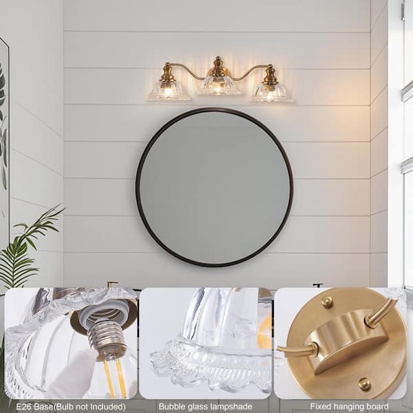 24 in. 3-Light Gold Vintage Bathroom Wall Sconce with Glass Lampshade, Bulb Not Included