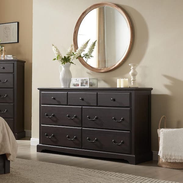 Charcoal Gray 7 drawer 54 in. W Dresser Wood Rustic Dressers for Bedroom, Living Room, Hallway