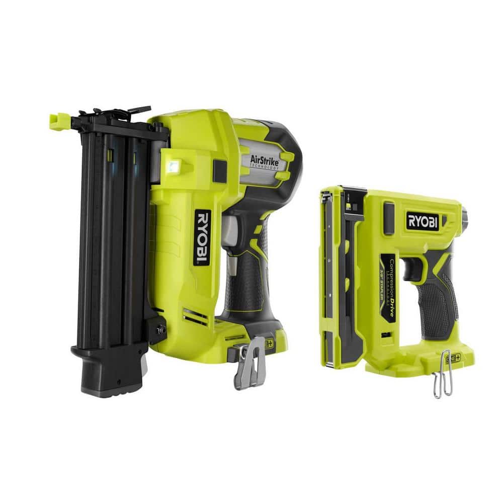 Ryobi One 18v Cordless 18 Gauge Airstrike Brad Nailer With Compression Drive 3 8 In Crown Stapler Tools Only P320 P317 The Home Depot