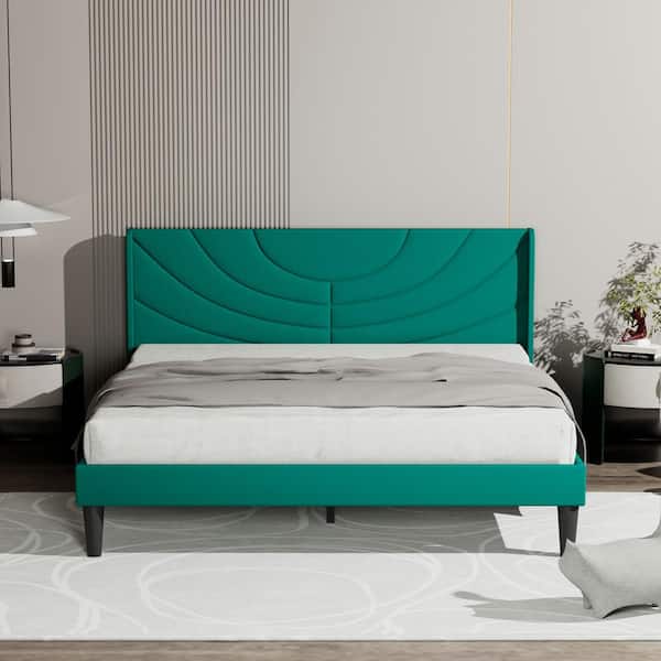 VECELO Upholstered Bed Green Metal Frame Queen Platform Bed with Headboard Wood Slat Support
