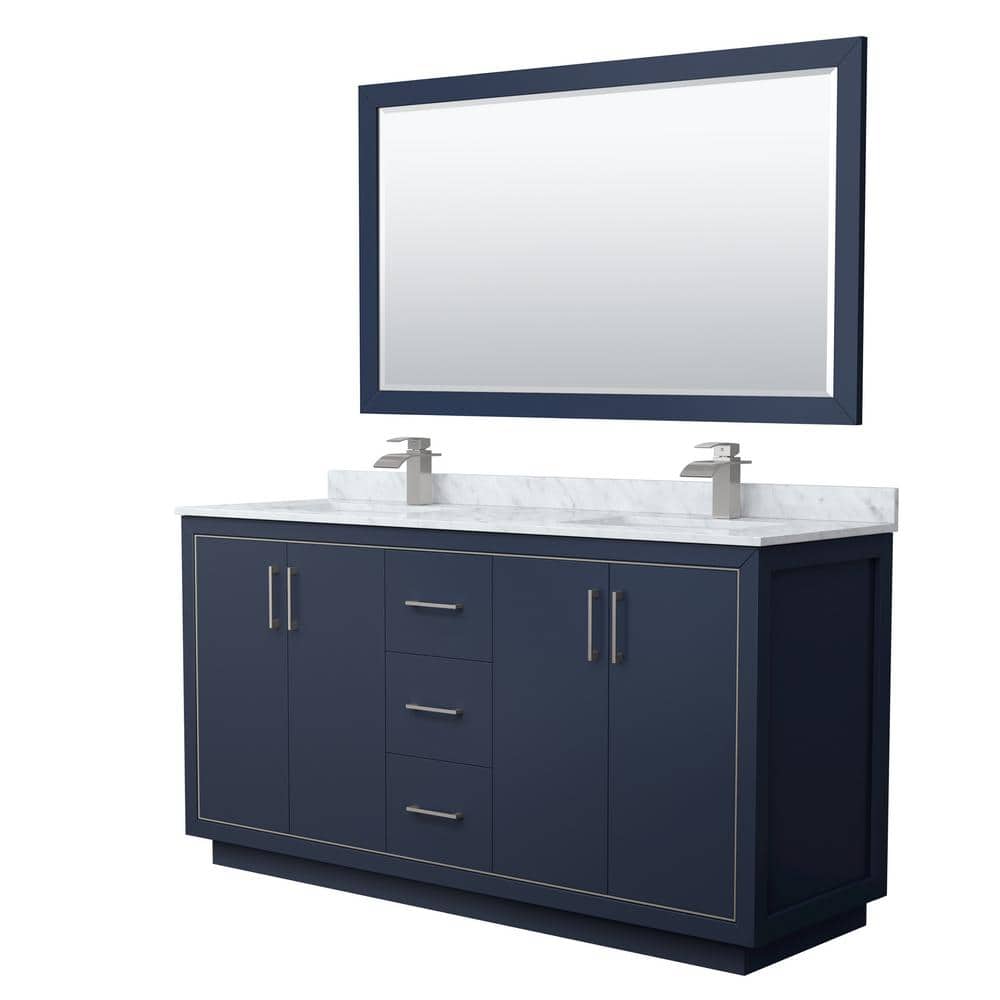 "Icon 66 in. W x 22 in. D x 35 in. H Double Bath Vanity in Dark Blue with White Carrara Marble Top and 58"" Mirror" price history on PriceWatchPro