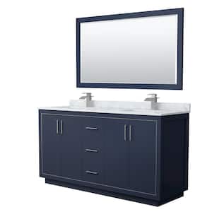 Icon 66 in. W x 22 in. D x 35 in. H Double Bath Vanity in Dark Blue with White Carrara Marble Top and 58" Mirror