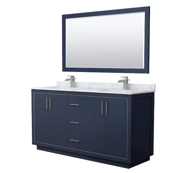 Wyndham Collection Icon 66 in. W x 22 in. D x 35 in. H Double Bath Vanity in Dark Blue with White Carrara Marble Top and 58" Mirror