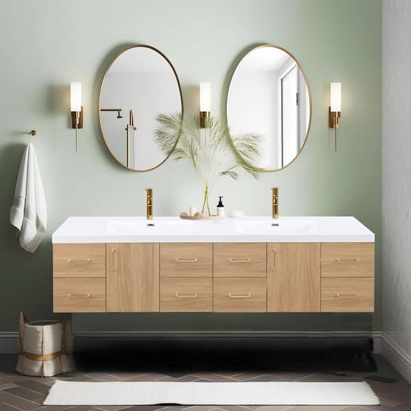MinimalGrace 84 in. Double Sink Floating Oak Bath Vanity with White Resin Top