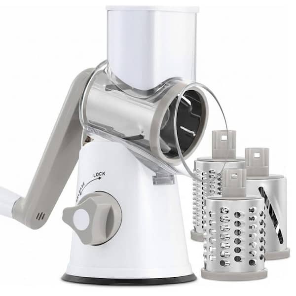 White Rotary Cheese Grater Mandoline Vegetable Slicer with Handle and Suction Base for Fruit Vegetables Nuts