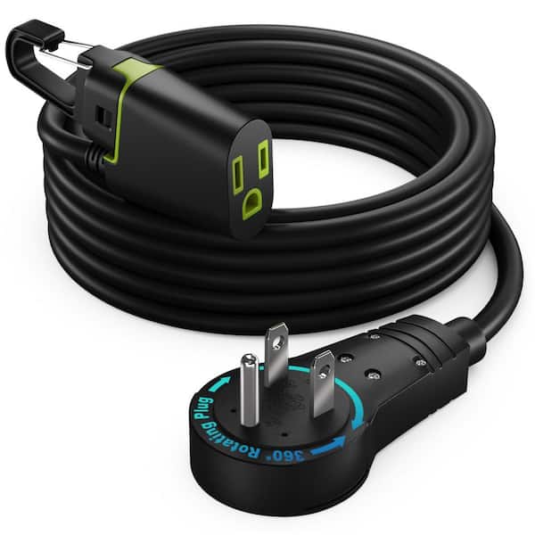 10 ft. 16 / 3 Light Duty Indoor Extension Cord 360° Rotating Flat Plug 1-Outlet with Handle with Hook Black