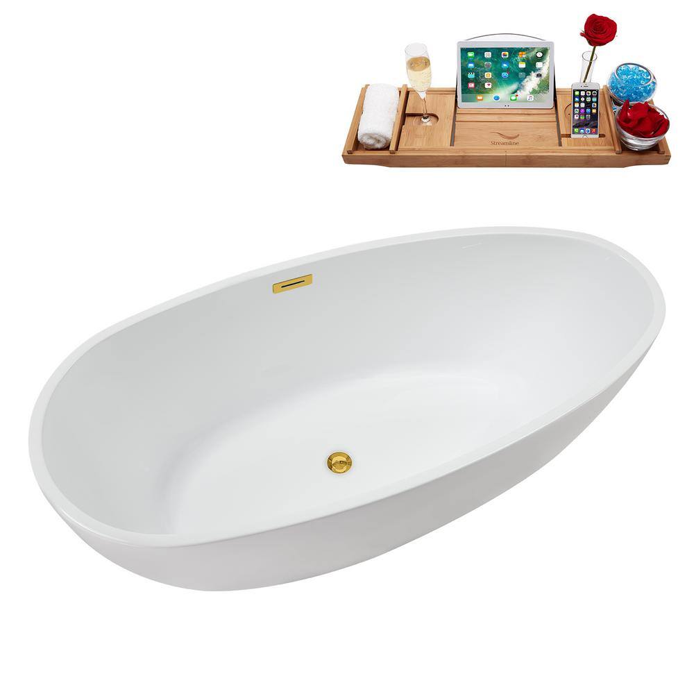 67" Glossy White Acrylic Freestanding Soaking Bathtub with Polished Gold Trim