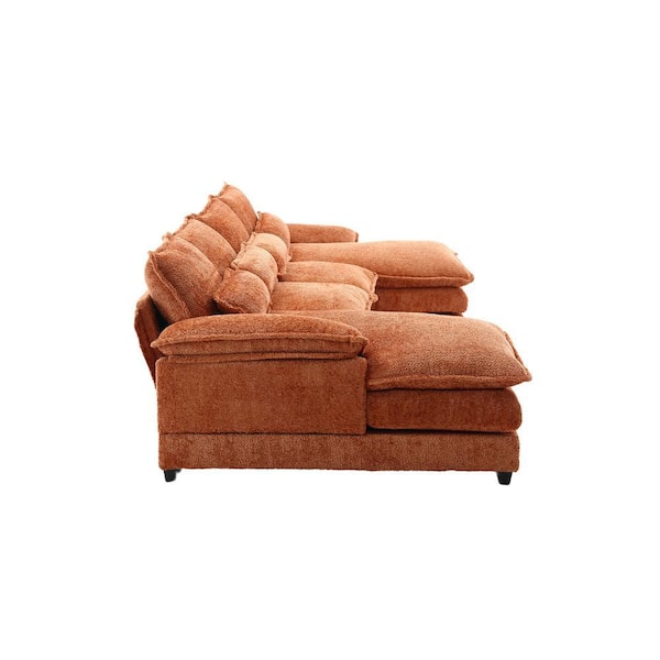 110 in. Rolled Arm 4-piece U-Shaped Modular Boucle Fabric Sectional Sofa Couch in Orange with 2 Cushions and 4 Pillows