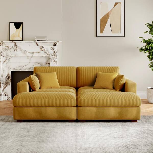 Uixe 84 in. Modern Square Arm Corduroy Upholstered Sectional Sofa in Orange with 2-Square Pillows