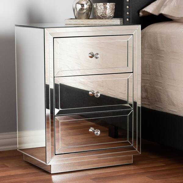 Baxton Studio Lina 3 Drawer Silver Nightstand 150 9183 HD The