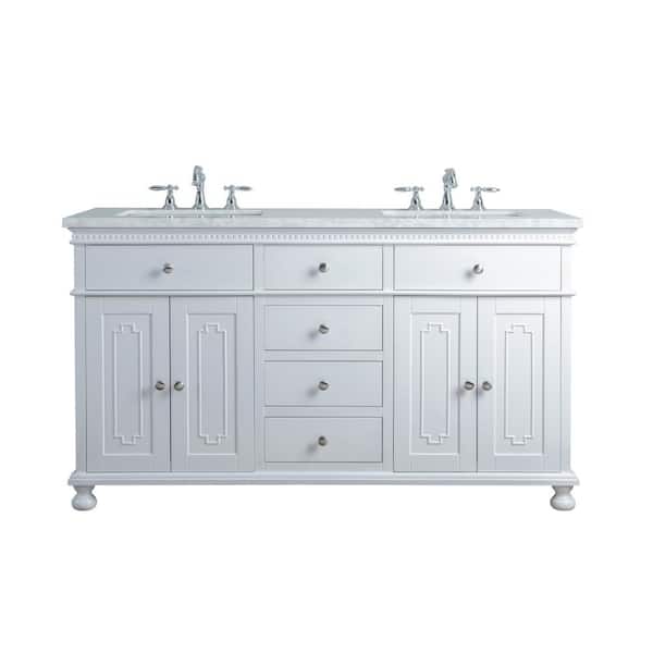 Stufurhome 60 In Abigail Embellished Double Sink Bathroom Vanity In White With Vanity Top In White With White Basin Hd 1013w 60 Cr The Home Depot