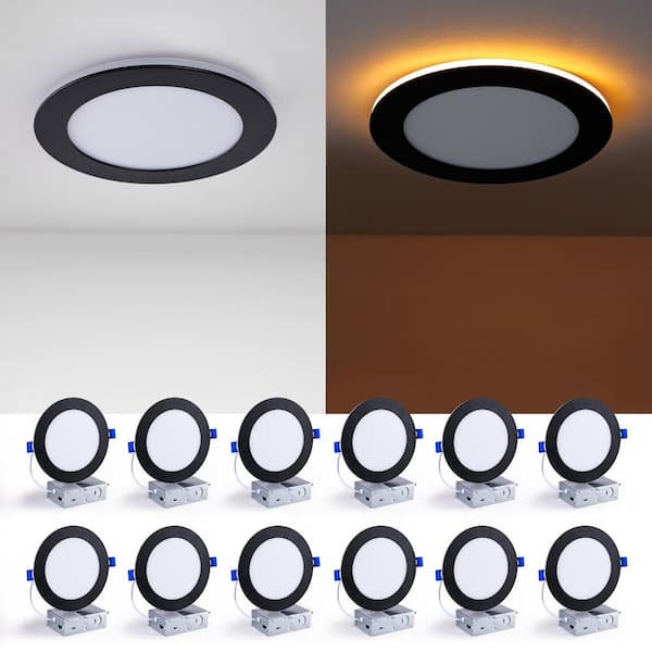 6 in. High Output LED Recessed Light with Night Light, 1200lm, 5-CCT, Dimmable Canless Wafer, 12W, 12-Pack, Black