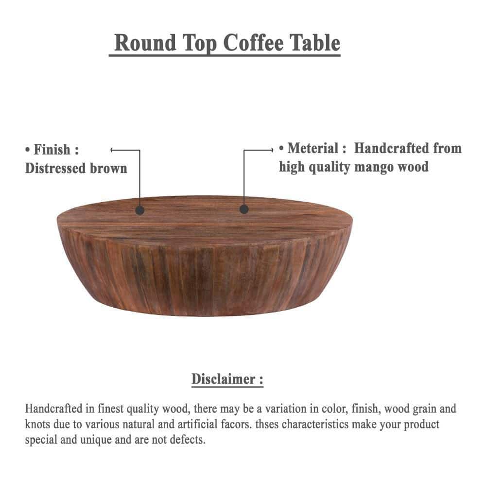 Rustic Drum-Shape Handcarved Mango Wood Coffee Table, Raw Brown