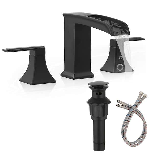 8 in. Widespread 2-Handle Waterfall Spout Bathroom Sink Faucet with Pop-Up Drain and Supply Lines in Matte Black