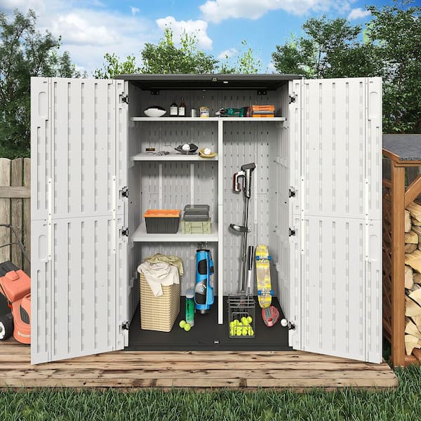 4.3 ft. W x 2.4 ft. D Resin Shed Vertical Plastic Storage with Metal Shelves for Garden 10 sq. ft.