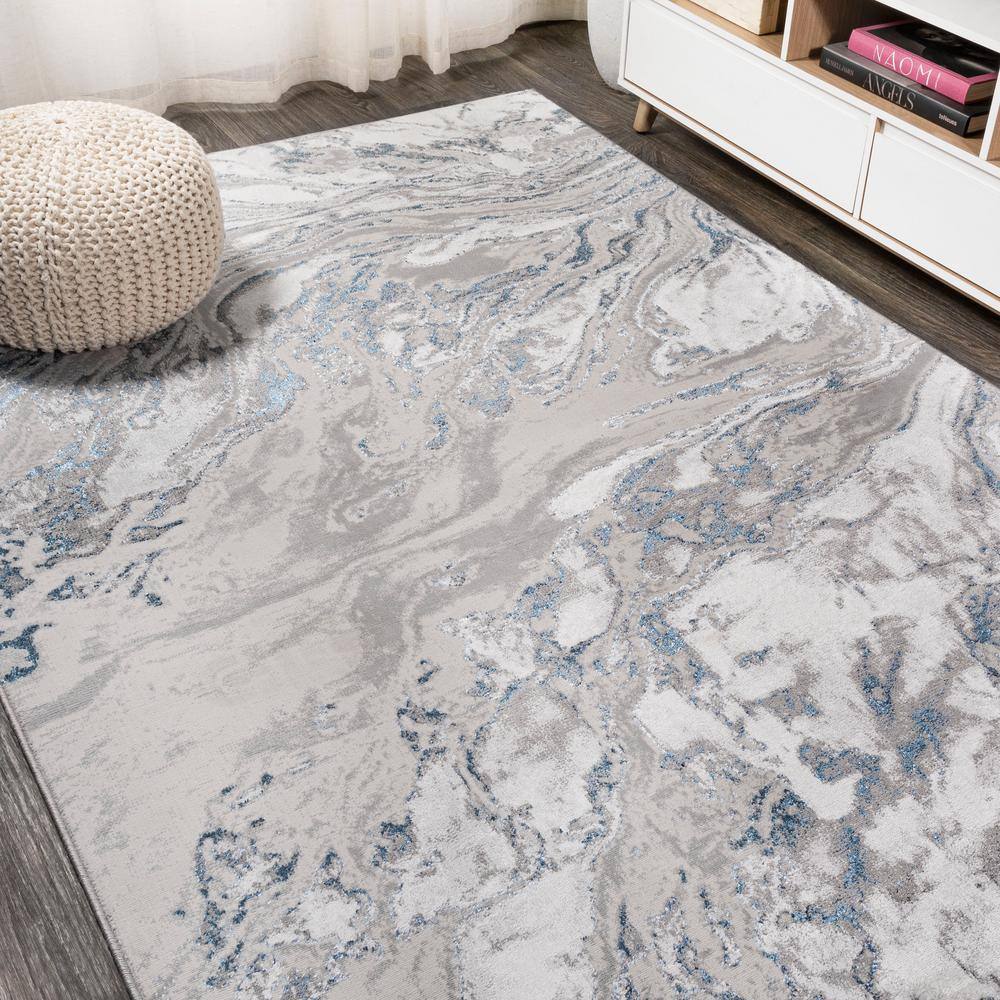 Gray and Blue Marbled Abstract Synthetic Area Rug