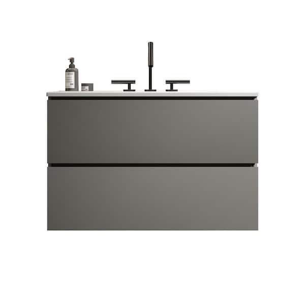 30 in. Single Sink Floating Gray Bath Vanity with White Ceramic Top (Assembled), Handle-free Design