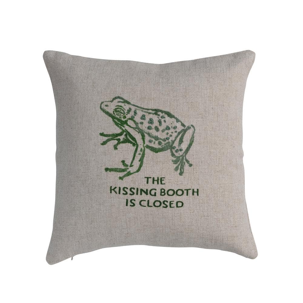 Storied Home Natural and Green Frog Animal Print and Text Print 16 in. x 16 in. Throw Pillow