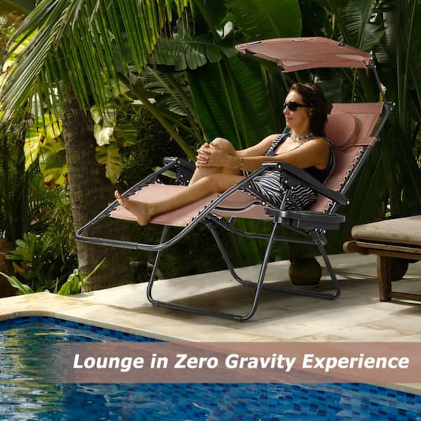 Metal Outdoor Folding Recliner Chaise Lounge Chair in Brown with Shade Canopy Cup Holder