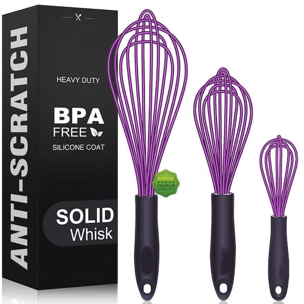 Silicone Non-Scratch Coated Whisks set of 3, Heat Resistant Kitchen Wisk for Blending, Beating and Stirring, Purple