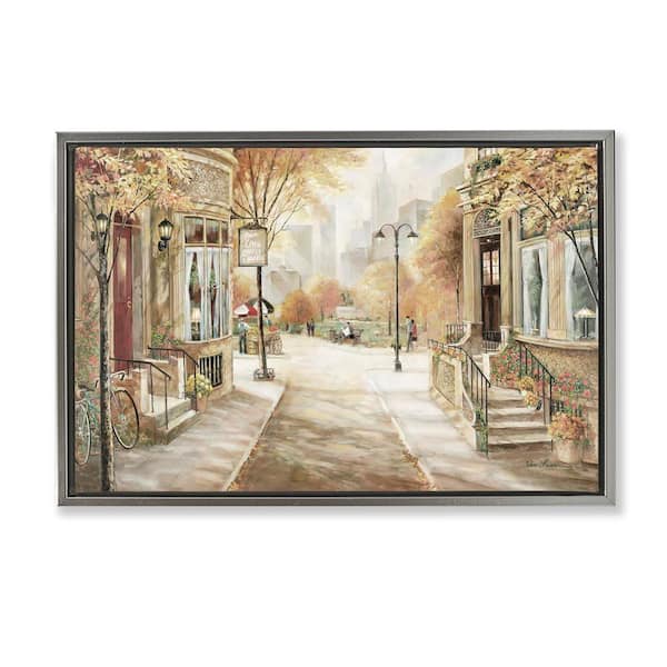Stupell Industries City Street Shopfronts by Ruane Manning Gray Floater Frame Abstract Graphic Art Print 17 in. x 25 in.