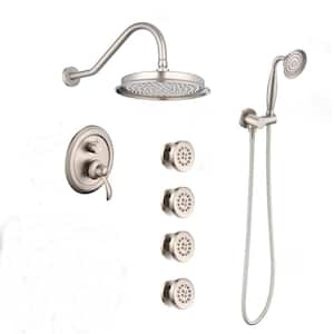 Double Handle 3-Spray Shower Faucet 2.5 GPM with Body Sprays and Antique Handheld in. Brushed Nickel