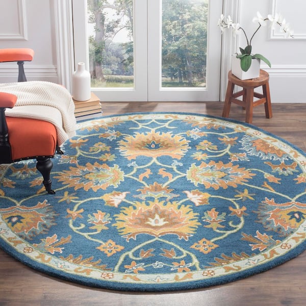 Heritage 8 ft. x 8 ft. Navy Border Floral Round Area Rug