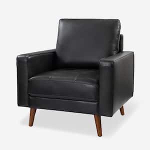 Christine Mid-Century Modern Black Genuine Leather Armchair with Wood Flared Legs